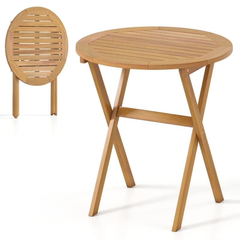 Costway Mesa Plegable Redonda de Madera de Acacia para Exterior con Marco en Forma de X Ideal para Jardín Patio o Balcón Natural