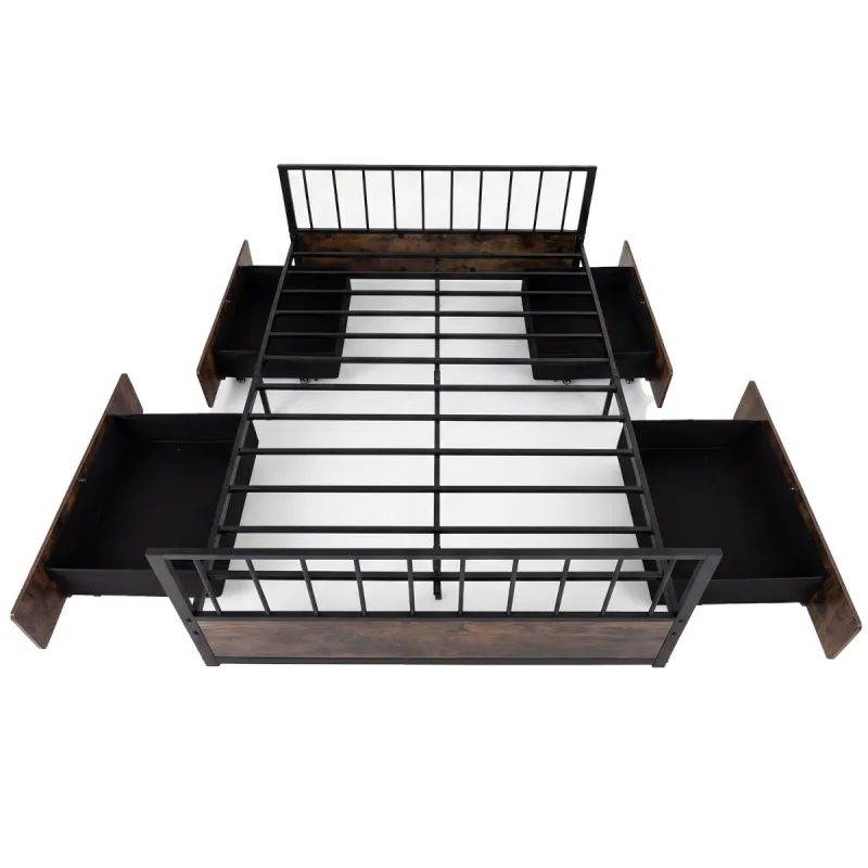 Costway Marco Cama Matrimonio Metal 2 Cajones Industrial Cabecero Piecero Estructura Resistente Listones Colchón No Somier 200x140cm