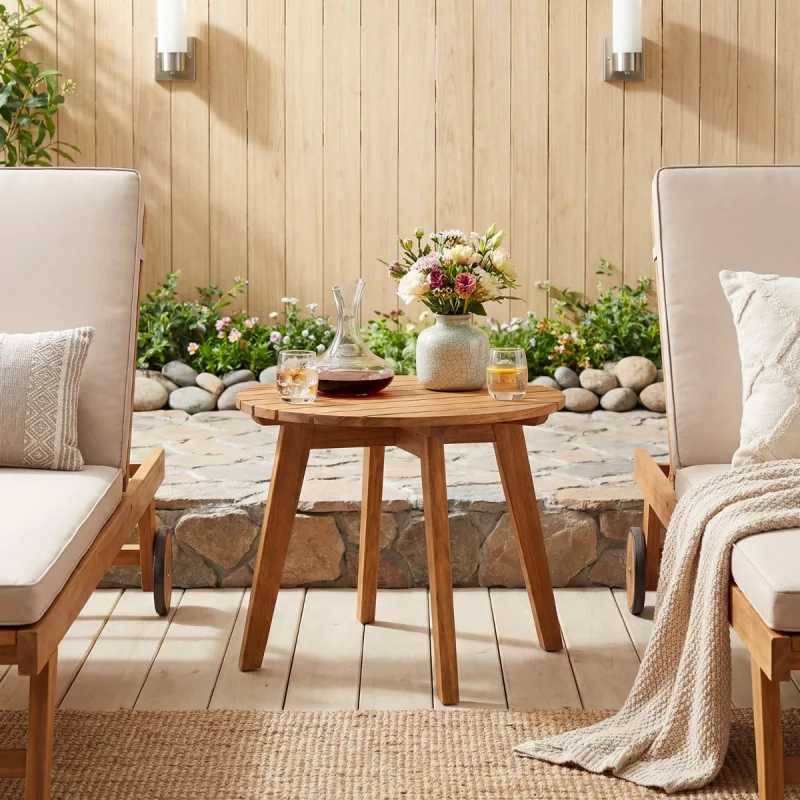 Costway Mesa Auxiliar Redonda de Madera de Acacia para Exterior con Tablero de Listones y Barra Reforzada para Jardín Patio Terraza 43x43x35 cm Natural