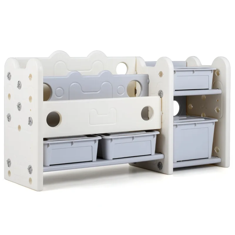 Costway Organizador de Juguetes 2 en 1 con Librería 4 Cajas 3 Estantes Temática de Gatos para Dormitorio Salón Guardería