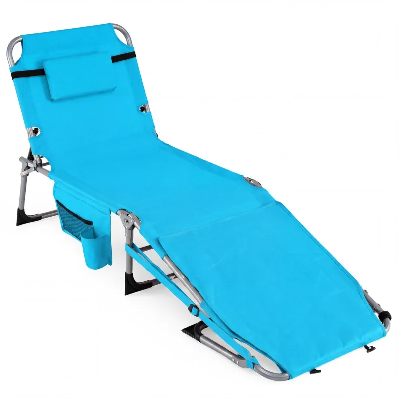 Costway Tumbona Plegable de Playa con Abertura para Cara y Almohada Extraíble Respaldo en 4 Posiciones con Correa y Asa para Piscina Jardín Azul