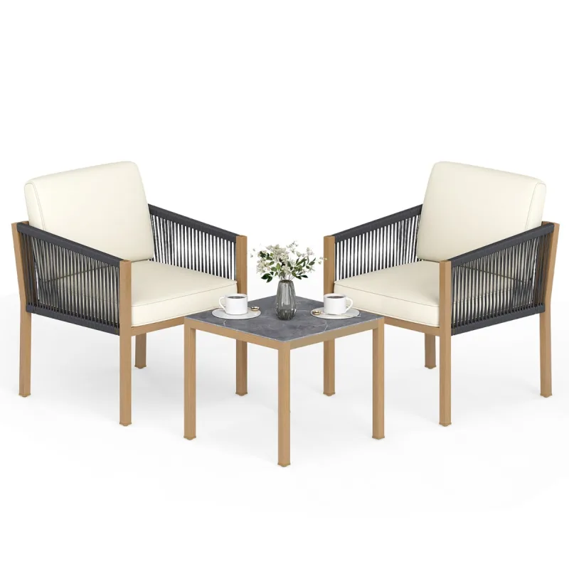 Costway Conjunto de Muebles de Patio de 3 Piezas de Cuerda Tejida con Cojines para Terraza Jardín o Balcón