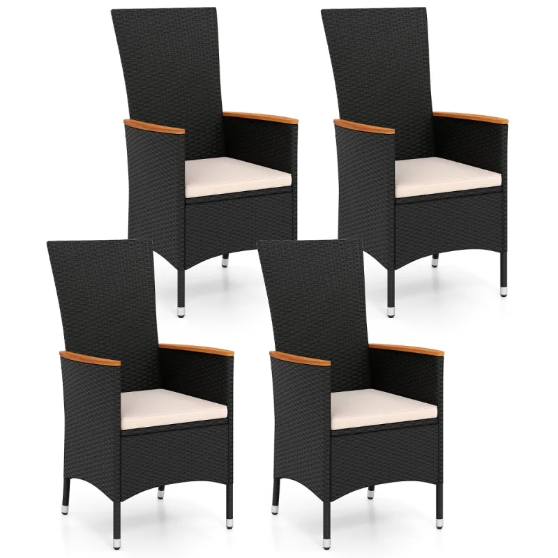 Costway Juego de 4 Sillas de Jardín de Ratán Negro con Respaldo Alto Reposabrazos de Madera de Acacia y Cojín Acolchado de Color Crema para Terraza Porche o B