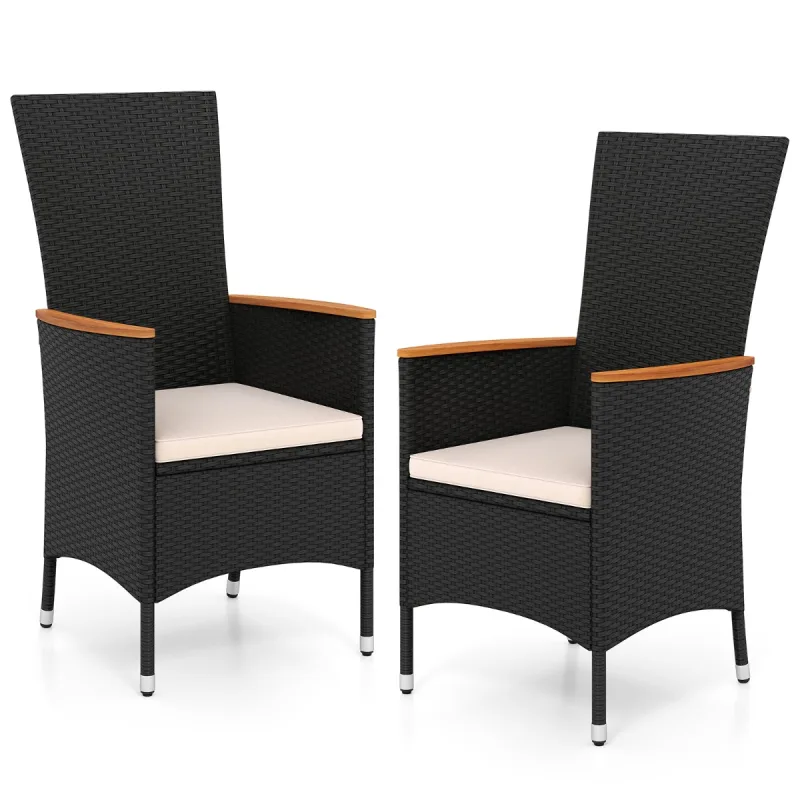 Costway Juego de 2 Sillas de Jardín de Ratán con Respaldo Alto Reposabrazos de Madera de Acacia y Cojín Acolchado Suave para Terraza Porche o Balcón