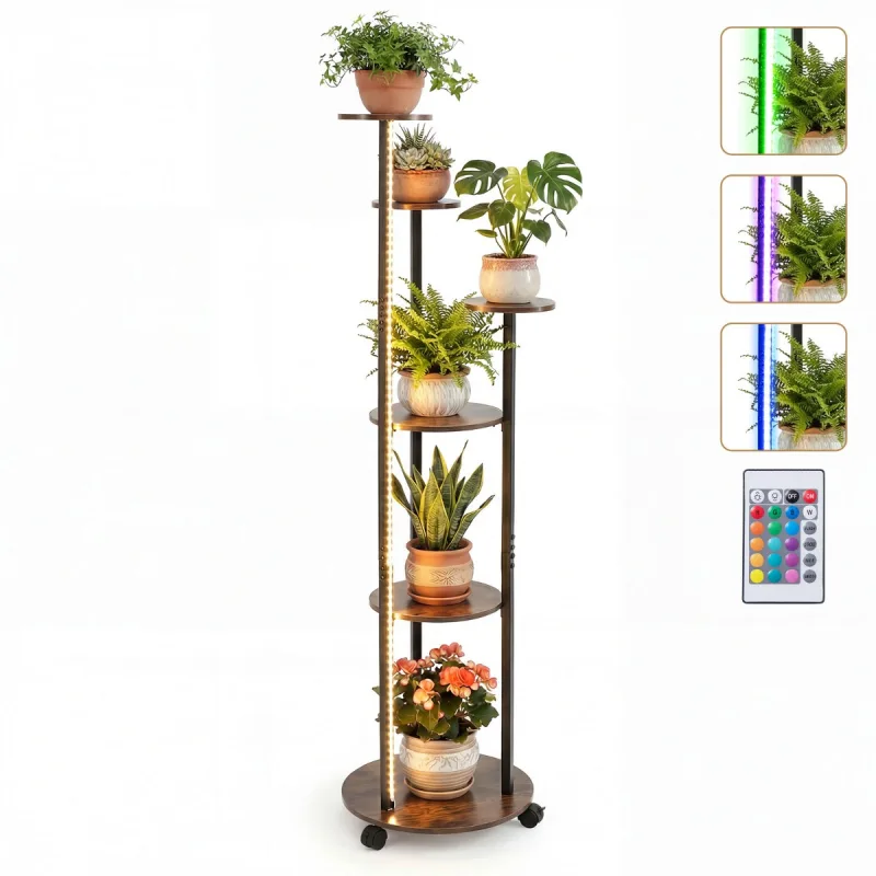 Costway Soporte Plantas Esquinero 6 Niveles Ruedas Bloqueables Luces LED 16 Colores Mando Distancia Expositor Rodante Marrón Rústico