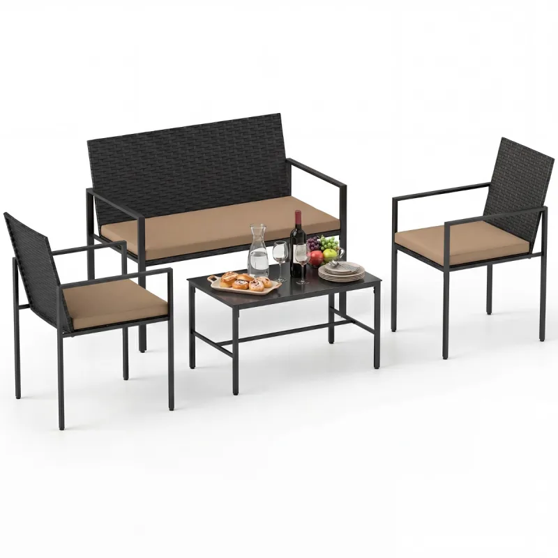 Costway Conjunto Muebles Patio 4 Piezas Ratán Exterior Sillas y Sofá Mesa Café Vidrio Templado Cojines Suaves Jardín Porche Balcón Caqui