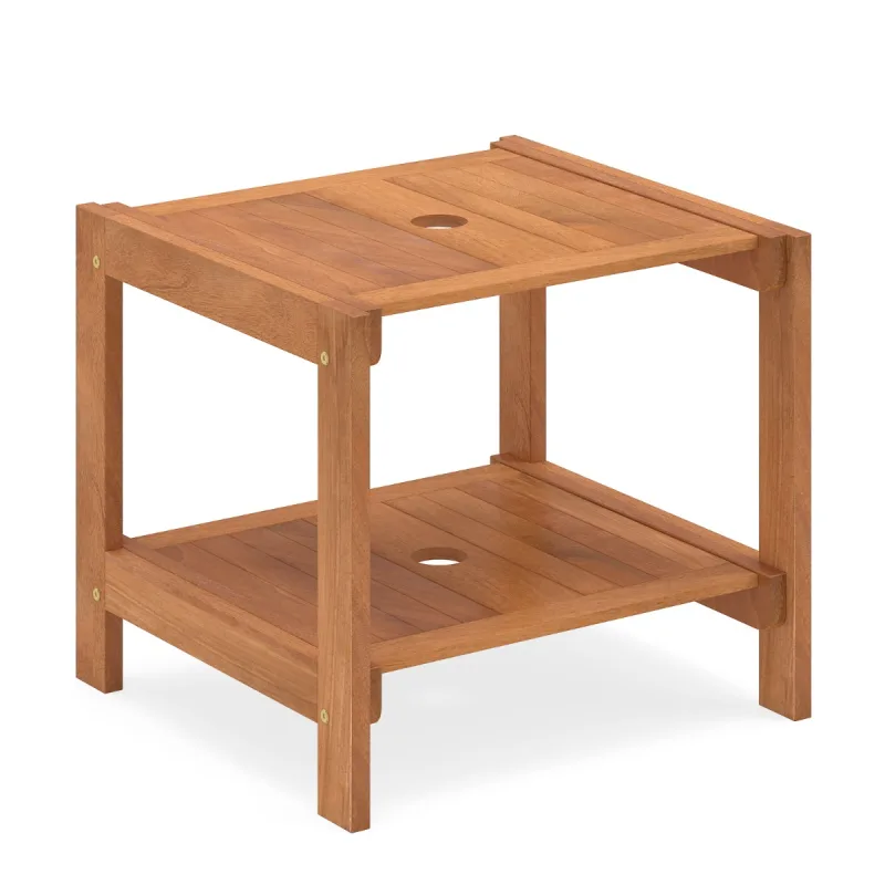 Costway Mesa Auxiliar de Madera para Jardín con 2 Niveles de Almacenamiento y Orificio para Sombrilla de 4 cm 51x48x45 cm para Patio Terraza o Balcón