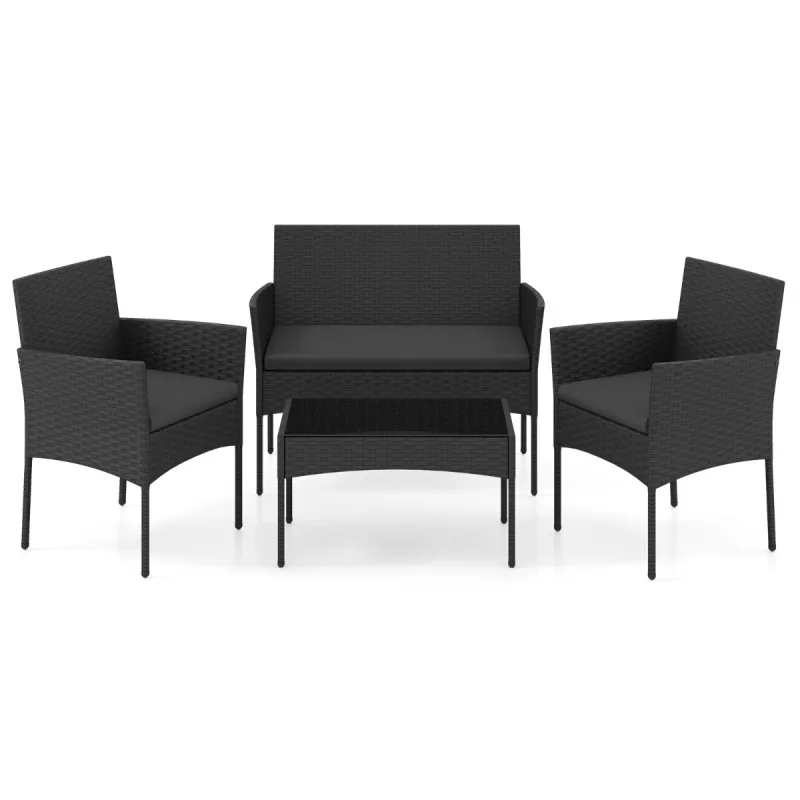 Costway Conjunto de Ratán Jardín 4 Piezas con 2 Sillones Sofá 2 Plazas Mesa Auxiliar Cojines Esponja para Porche Patio Terraza Negro