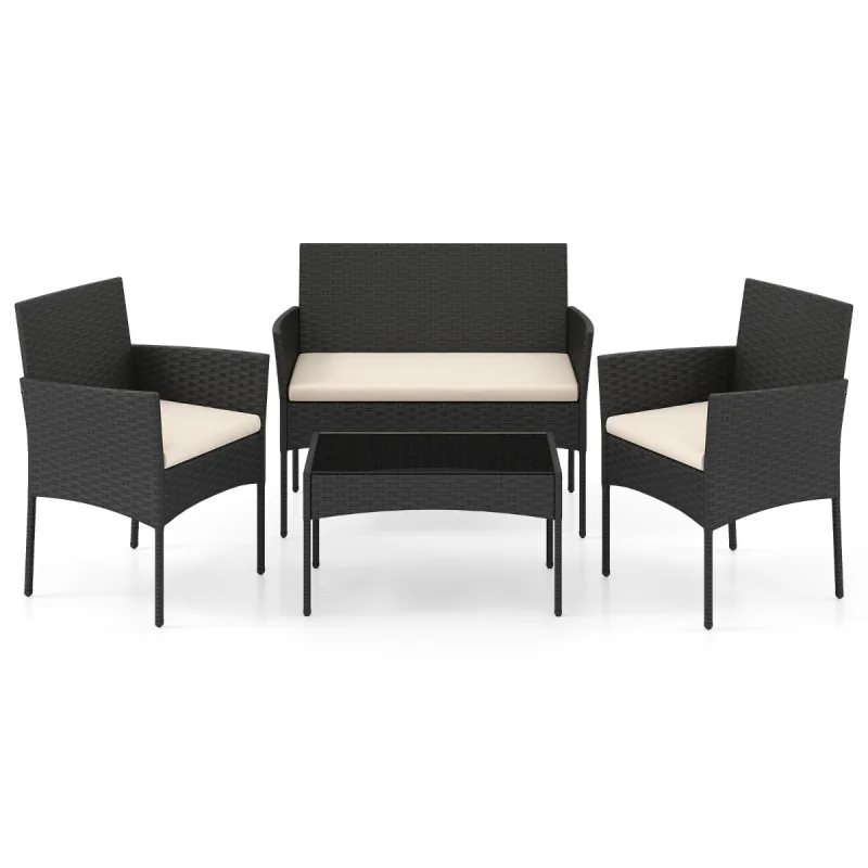 Costway Conjunto de Ratán Jardín 4 Piezas con 2 Sillones Sofá 2 Plazas Mesa Auxiliar Cojines Esponja para Porche Patio Terraza Crema