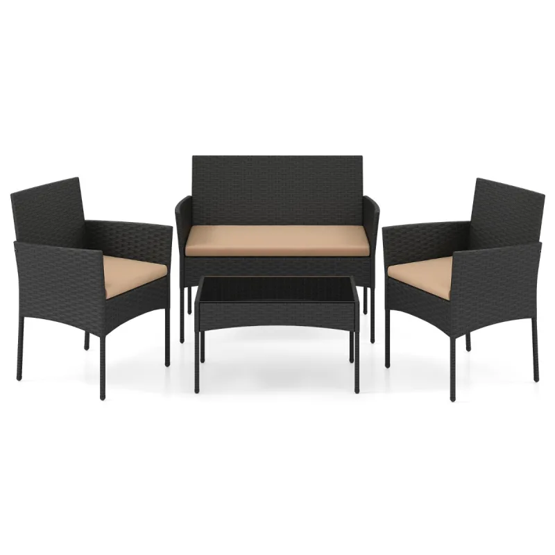 Costway Conjunto de Ratán Jardín 4 Piezas con 2 Sillones Sofá 2 Plazas Mesa Auxiliar Cojines Esponja para Porche Patio Terraza Caqui