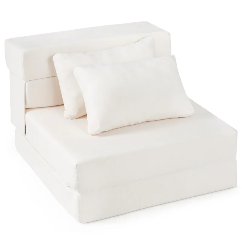 Costway Sofá Cama Futón Plegable 3 en 1 con 2 Almohadas Tejido de Chenilla Color Beige para Salón Dormitorio o Oficina