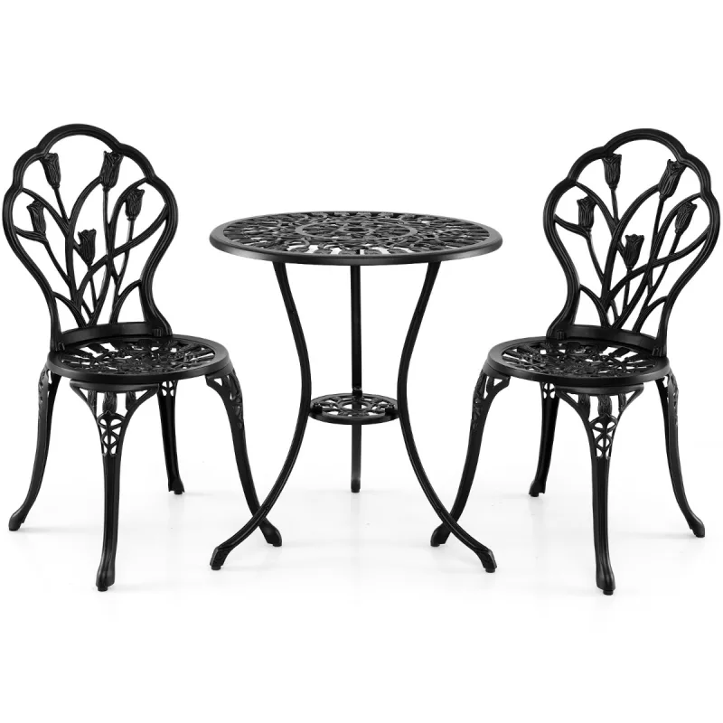 Costway Conjunto Bistró 3 Piezas Aluminio Fundido Mesa y Sillas Patio Todo Clima con Orificio Sombrilla Exterior Espacios Pequeños Jardín Negro