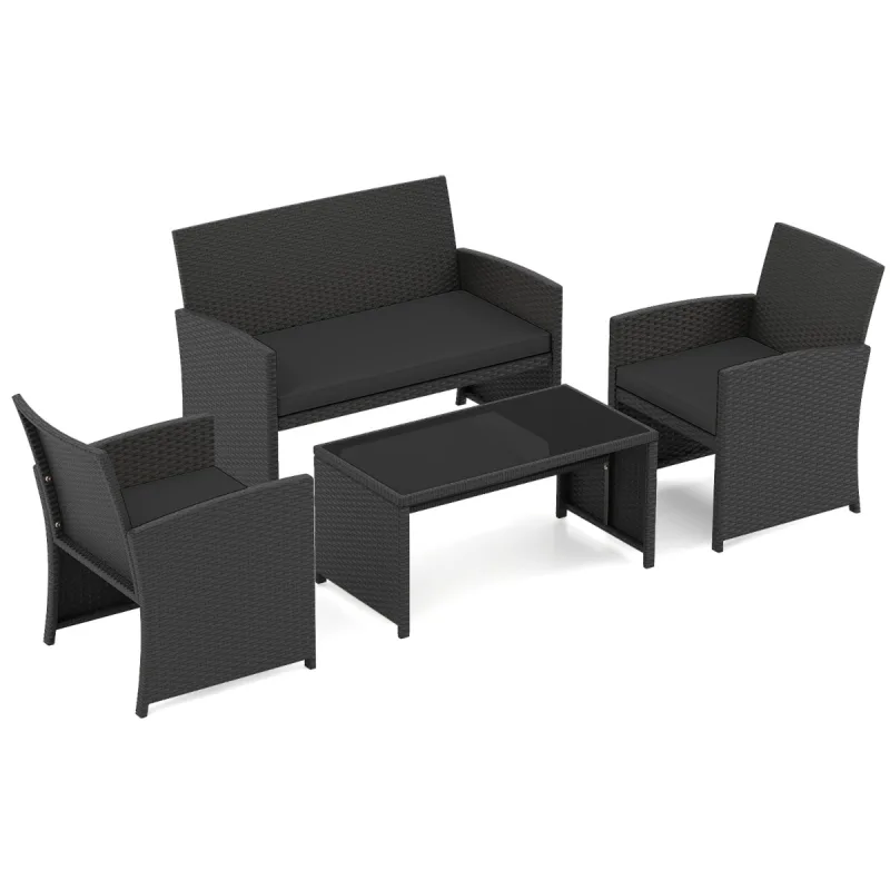 Costway Conjunto Ratán Patio 4 Piezas Sillones 2 Plazas Mesa Vidrio Templado Acolchados Exterior Porche Piscina Negro