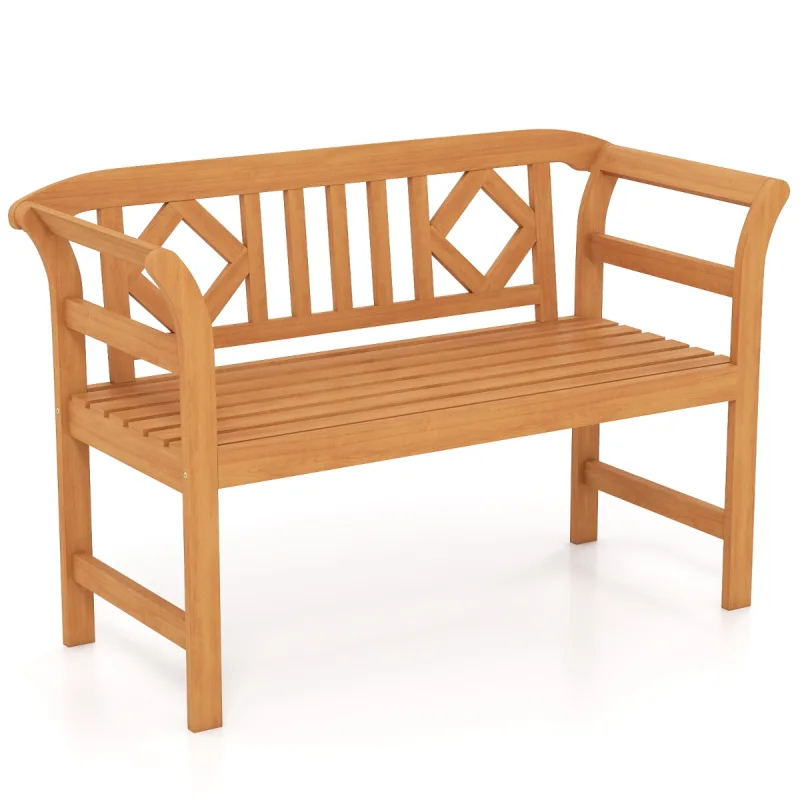 Costway Banco Exterior Madera Acacia 2 Plazas con Respaldo y Reposabrazos Cuadriculados Capacidad 360kg para Porche Patio Césped Piscina