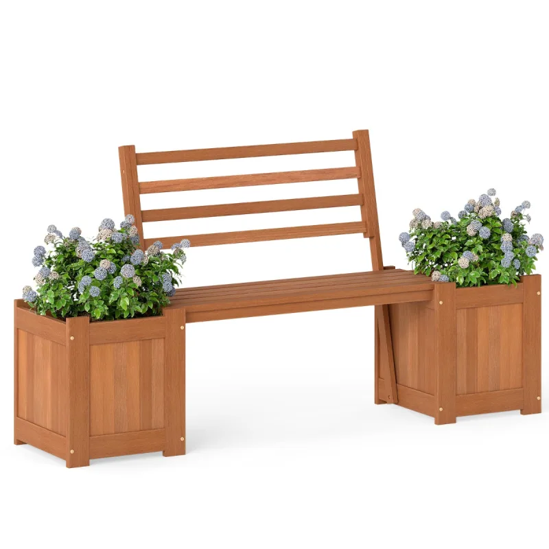 Costway Jardinera de Madera con Banco para Exterior Asiento con 2 Maceteros y Respaldo Base Abierta Acabado Aceite Teca Decorativo Patio
