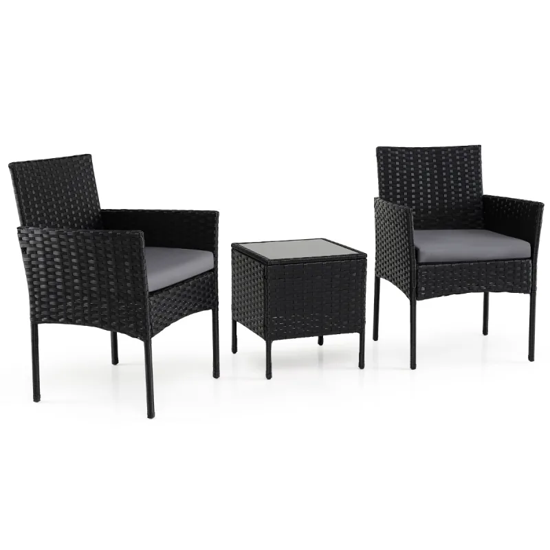 Costway Conjunto de Muebles de Jardín de 3 Piezas Juego de Conversación de Ratán con 2 Sillas Mesa Auxiliar de Vidrio para Terraza Patio Balcón Gris