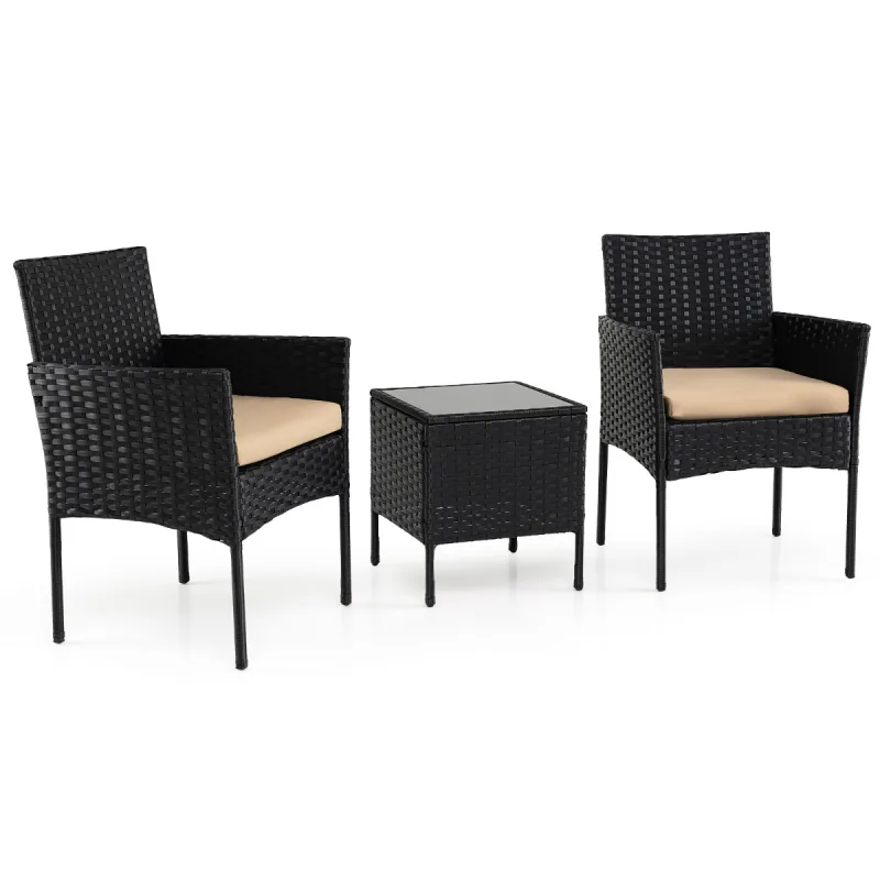 Costway Conjunto de Muebles de Jardín de 3 Piezas Juego de Conversación de Ratán con 2 Sillas Mesa Auxiliar de Vidrio para Terraza Patio Balcón Marrón