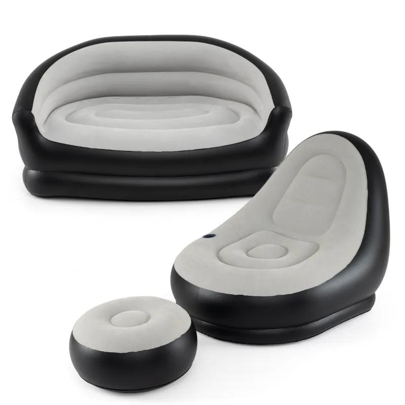 Costway Set 2 en 1 Sofás Inflables con Otomana y 2 Plazas Superficie Flocada Portavasos con Brazos Portátil para Casa y Camping Sin Bomba