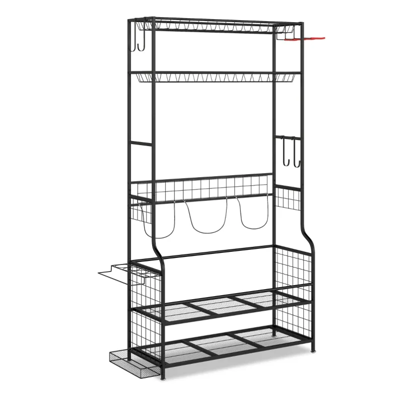 Costway Organizador Móvil de Equipo Deportivo con Ruedas Estructura Metálica 4 Ganchos Soporte Extra para 3 Fundas de Golf y Accesorios