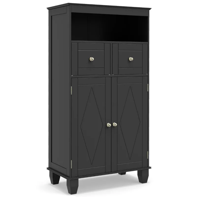 Costway Armario de Baño para Suelo Organizador Moderno Independiente con Puertas Estantes Cajones y Patas de Madera Maciza de Pino Negro