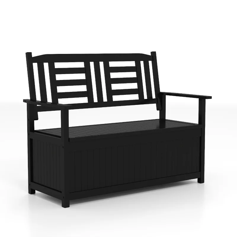 Costway Banco de Almacenamiento para Patio de 185 L Sillón de Madera Maciza para 2 Personas con Respaldo y Reposabrazos Caja Contenedor Negro