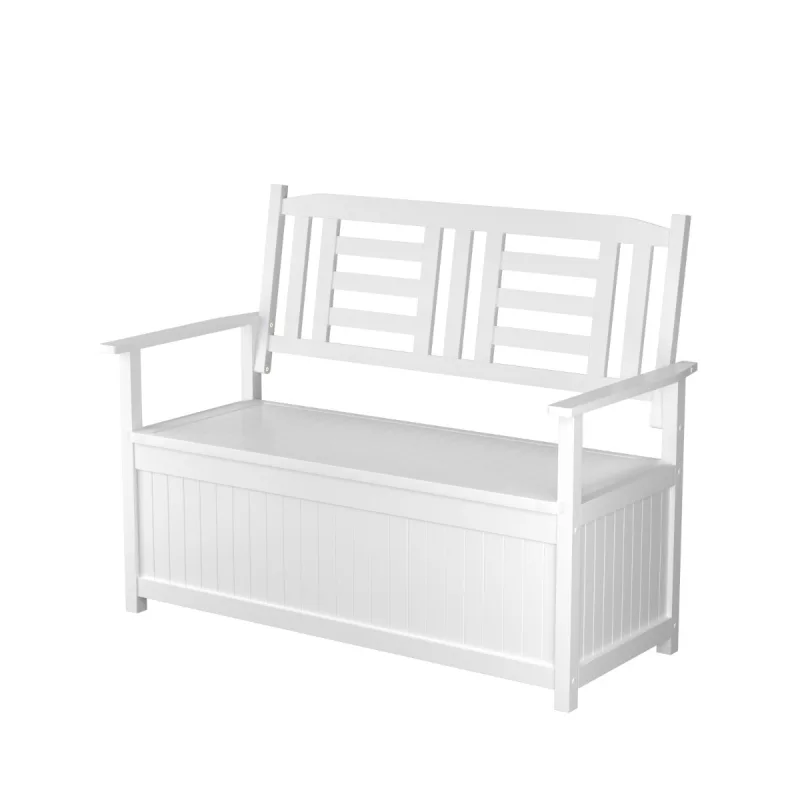 Costway Banco de Almacenamiento para Patio de 185 L Sillón de Madera Maciza para 2 Personas con Respaldo y Reposabrazos Caja Contenedor Blanco