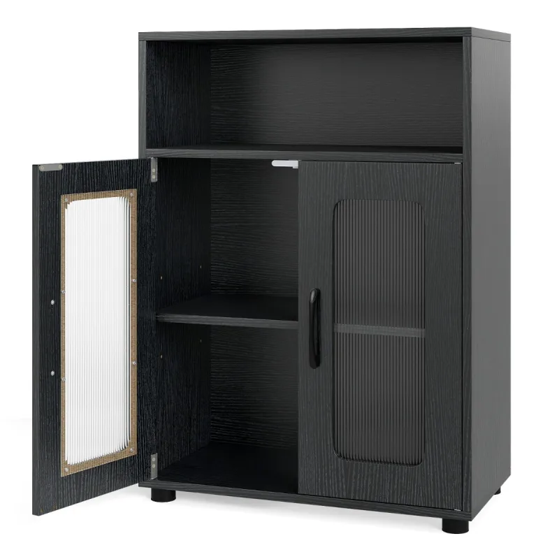 Costway Armario para Baño Armario Independiente con 2 Puertas y Estante Ajustable de 3 Niveles Compartimento Abierto Diseño Negro