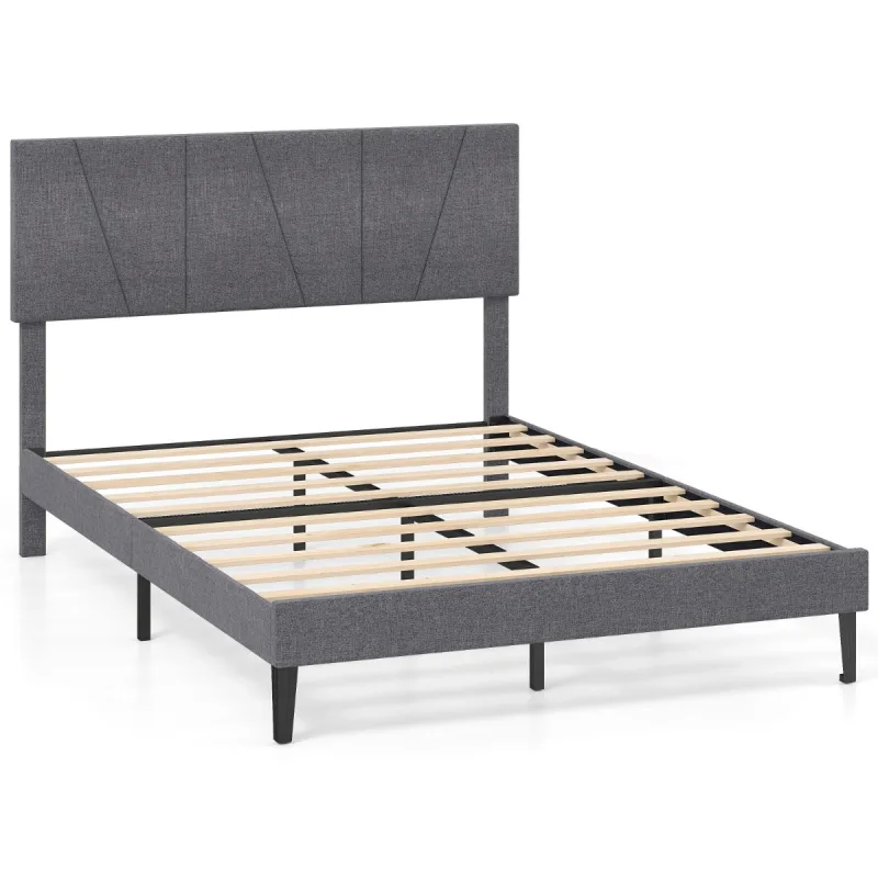 Costway Somier de Cama con Plataforma Tapizada Cabecero Geométrico Ajustable en Altura y Listones de Madera 140 x 200 cm Gris Oscuro
