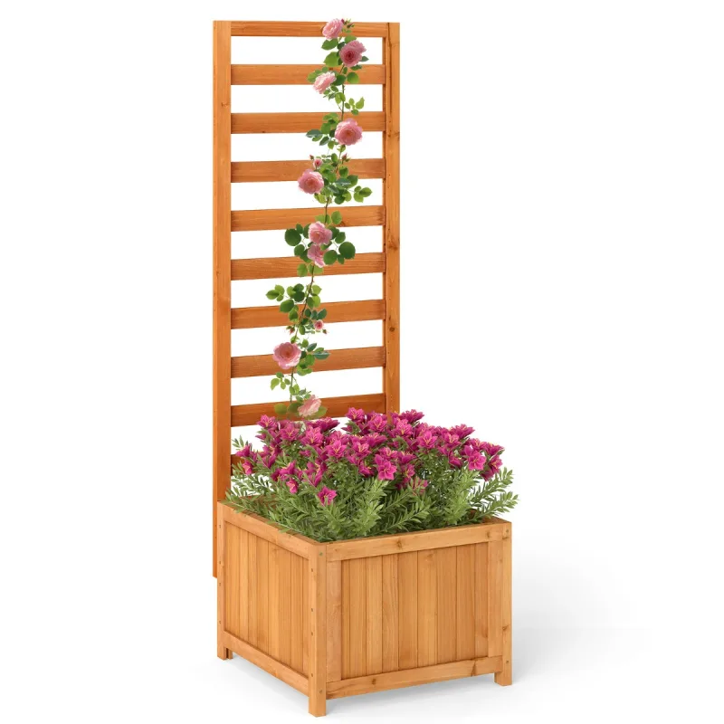 Costway Cama de Jardín Elevada de Madera con Enrejado Macetero Elevado con Orificios de Drenaje y Espacios para Plantas Trepadoras Flores Naranja