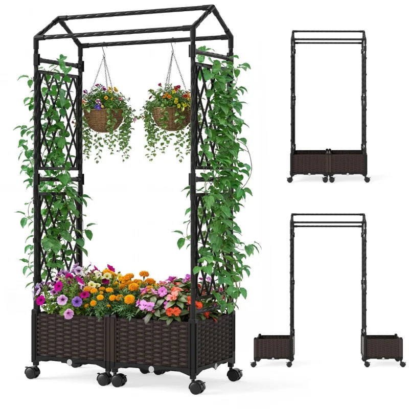 Costway Cama de Jardín Elevada con Auto-Riego Celosía Techo y Ruedas Bloqueables de Ratán para Plantas Trepadoras Tomates o Flores Marrón