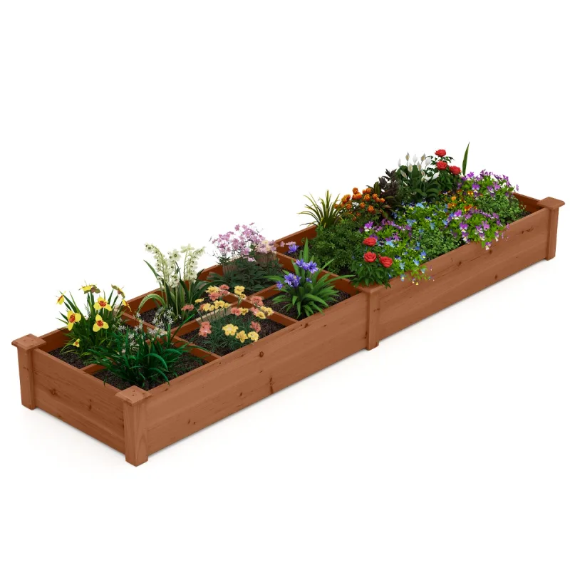 Costway Cama Elevada de Jardín de Madera con 2 Cajas de Cultivo y Divisores Macetero Elevado para Flores Vegetales Frutas Jardinera para Patio Café