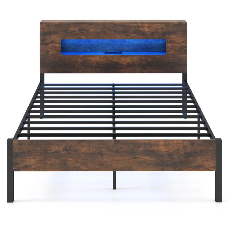 Costway Cama de Plataforma Industrial con Luces LED Cabecero de Almacenamiento Tomas de Corriente y Lecho de Listones 200 x 140cm