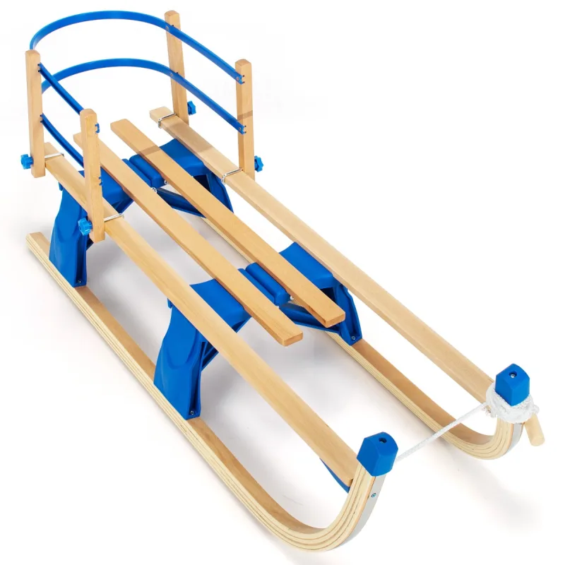 Costway Trineo Plegable para Niños con Cuerda de Tracción y Manija Portátil Dirección por Riel Metálico y Respaldo de Lamas Dobles Azul