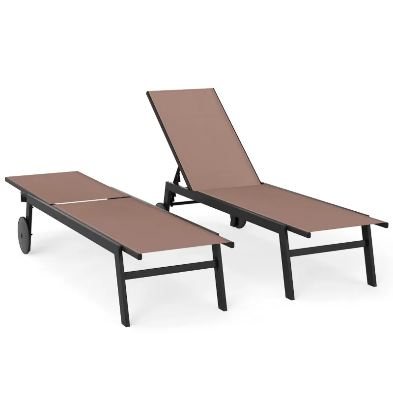 Costway Juego de 2 Tumbona de Exterior con Respaldo Ajustable en 6 Posiciones Silla Reclinable para Piscina Terraza y Jardín Café