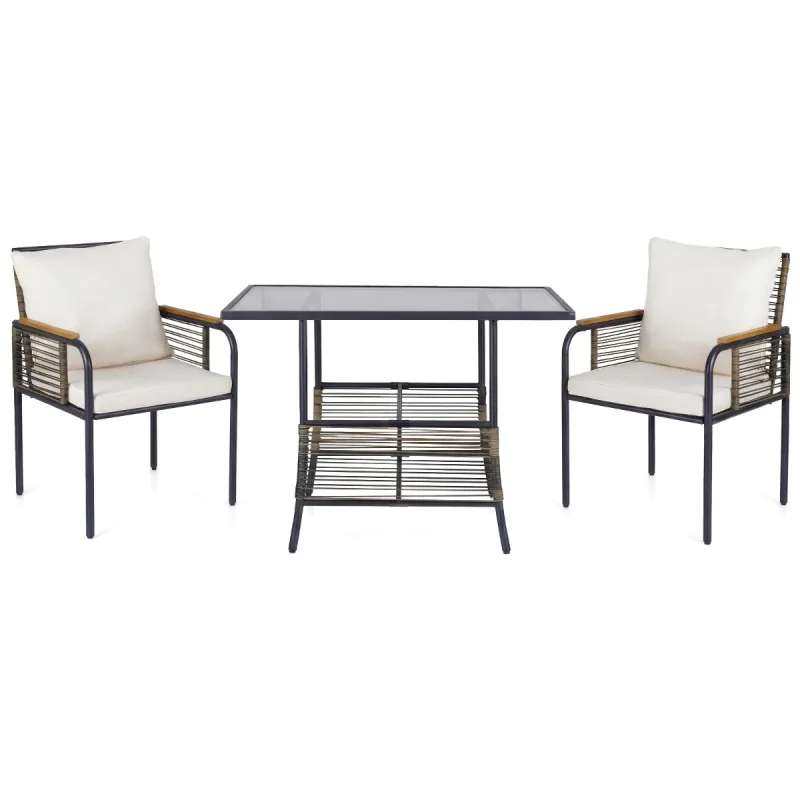 Costway Conjunto de 3 Piezas Bistró de Mimbre para Patio con Cojines Mesa Rectangular y Sillas para Balcón o Jardín Beige