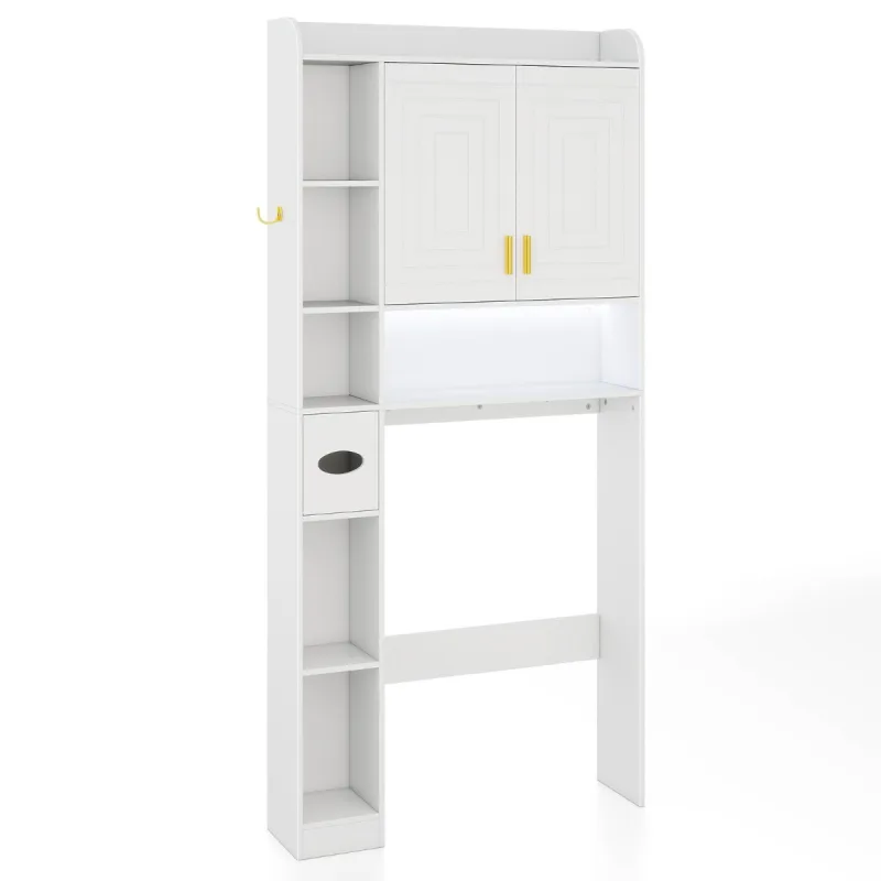 Costway Estante para Inodoro Independiente con Armario 2 Puertas 6 Compartimentos Portapañuelos Gancho y Estante Ajustable para Baño Blanco