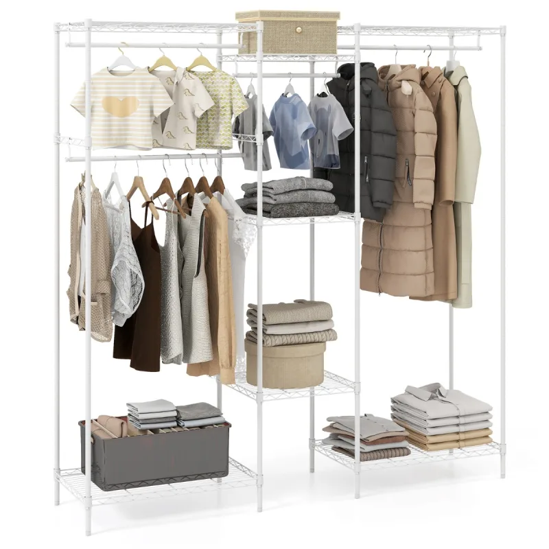 Costway Guardarropa Portátil Convertible L y Horizontal Armario Metálico con 7 Estantes Ajustables 4 Barras Carga 530kg Blanco