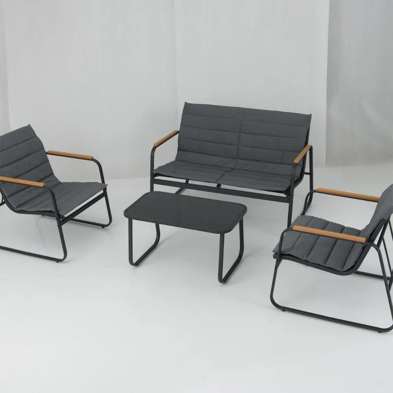 Costway Conjunto Exterior 4 Piezas Juego de Conversación con Cojines Mesa de Vidrio Templado Sillas de Césped para Porche Balcón Jardín