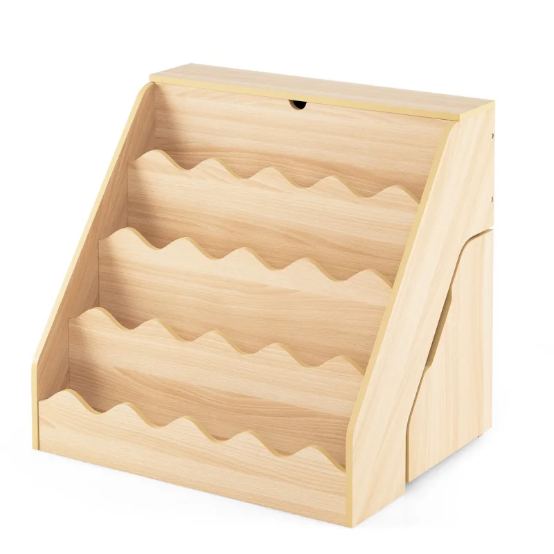 Costway Estantería de Madera para Niños de 4 Niveles con Estantes Abiertos Cajón con Ruedas y Caja con Tapa Color Madera Natural para Sala de Juegos
