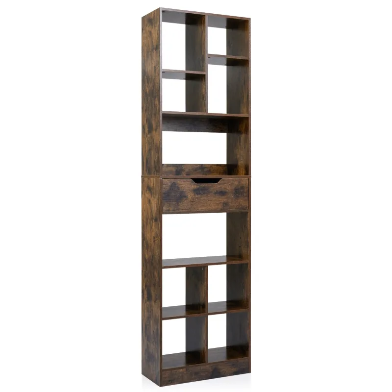 Costway Estantería 180cm con Cajón 10 Cubos 2 Antivuelco Almohadillas Antideslizantes para Salón Estudio Oficina Marrón Rústico