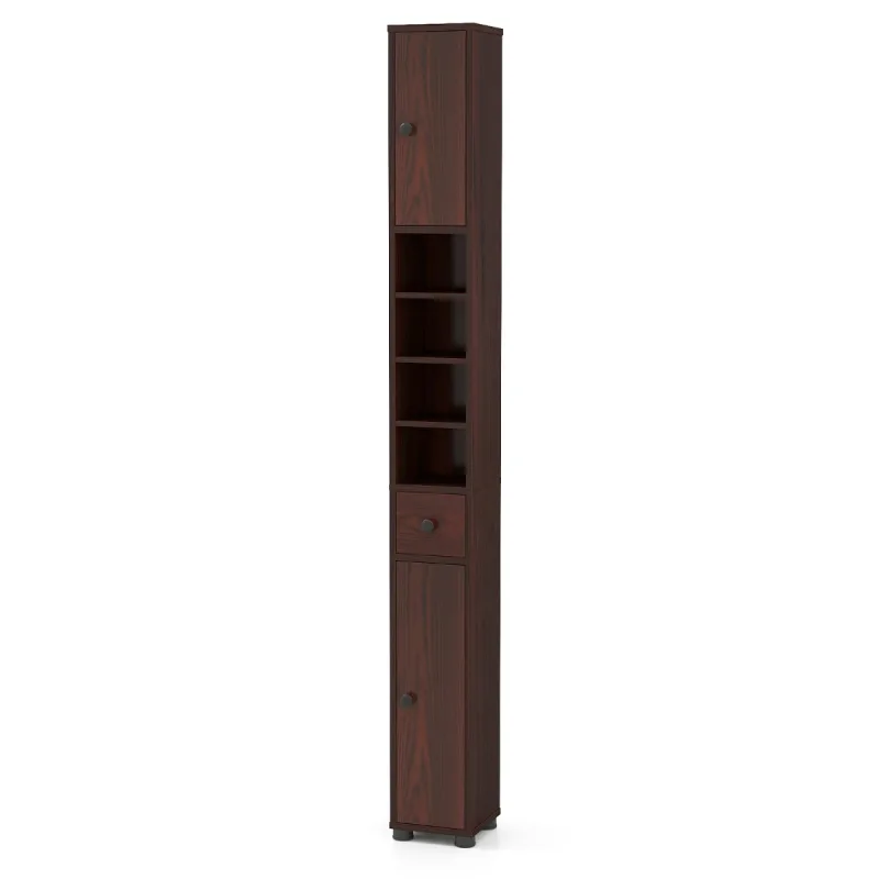 Costway Armario Alto Estrecho para Baño Gabinete Estrecho de Almacenamiento para Baño con 1 Cajón 5 Estantes Ajustables para Salón Cocina Marrón