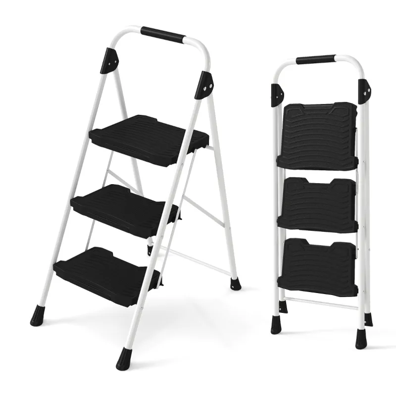 Costway Escalera de 3 Peldaños Taburete Plegable con Pasamanos Acolchado y Amplio Pedal Antideslizante Escalera Portátil Ligera y Resistente Negro