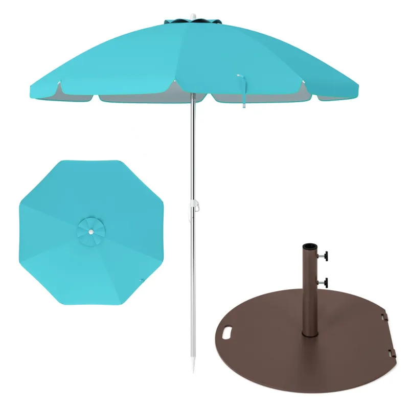 Costway Set Completo de Sombrilla Base Metálica 23kg con Ruedas y Sombrilla Playa Inclinación Ajustable 178 x 206 cm con Bolsa Transporte Azul