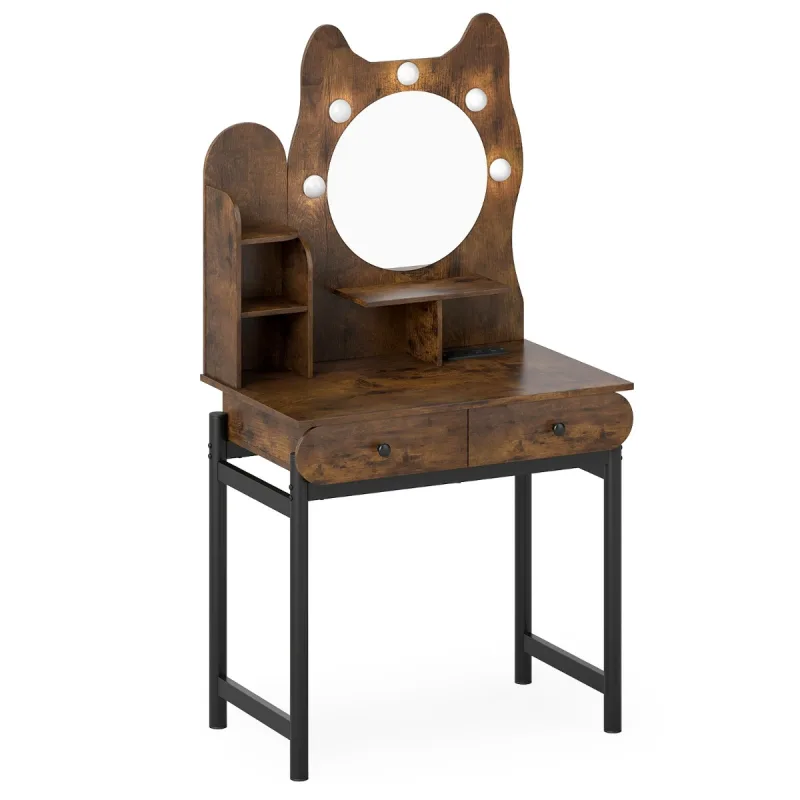 Costway Tocador con Espejo y Luces en Forma de Gatito Tocador con 3 Modos de Iluminación y Brillo Ajustable Estantes Abiertos y 2 Cajones Marrón