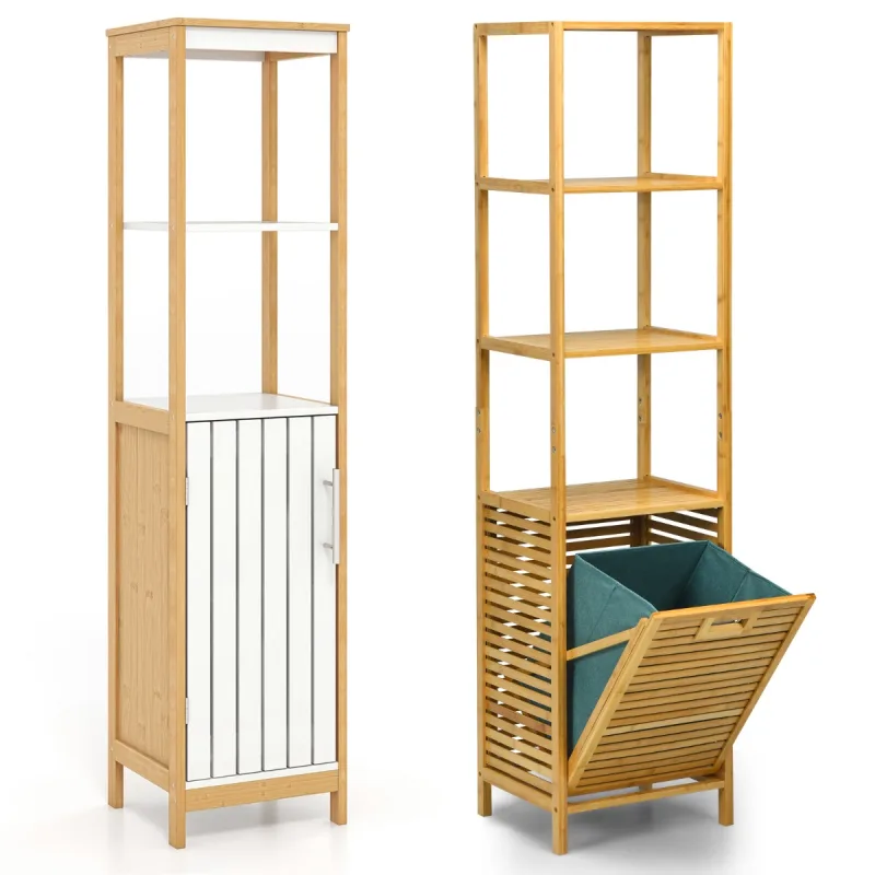 Costway Juego de Organización para Baño de Bambú con Armario Estrecho de Puerta y Estante con Cesta Retráctil de Ropa Natural
