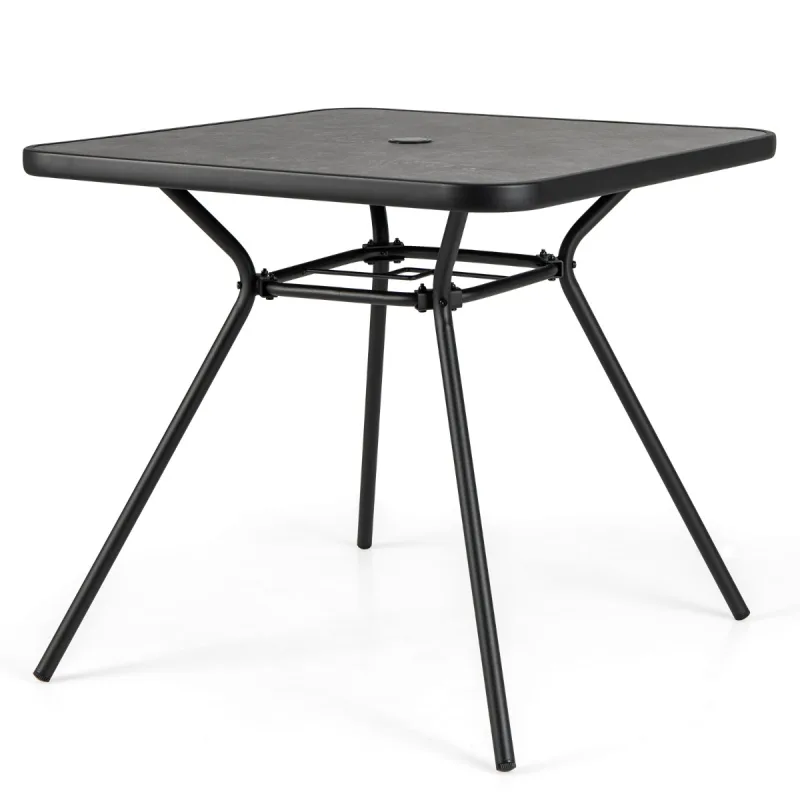 Costway Mesa de Comedor para Patio con Agujero para Sombrilla de 4 cm y Tapa con Tablero de DPC para Jardín Porche Al Lado de la Piscina Negro