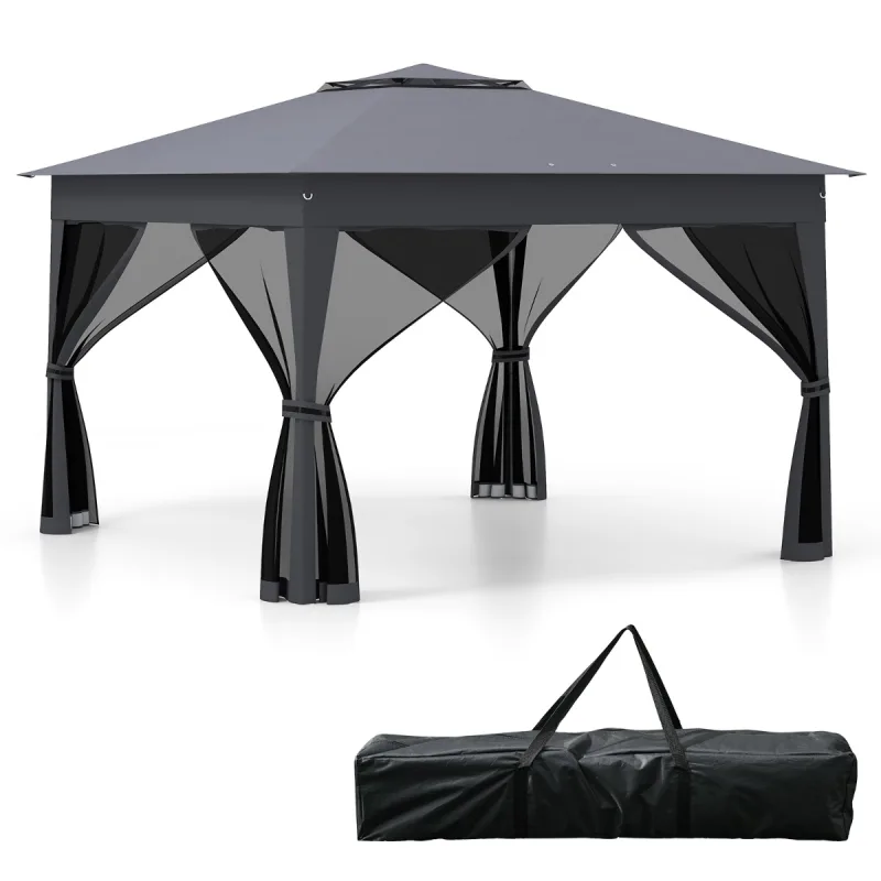 Costway Carpa Plegable Doble Techo Pergolas Pop up con Laterales de Malla con Bolsa de Transporte para Jardín Camping Fiesta 338 x 338 cm Gris