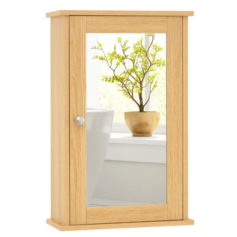 Costway Armario del Baño con Espejo Montado a la Pared con Una Puerta y Repisa Regulable para Casa Baño Cocina 34 x 15 x 51 cm Natural