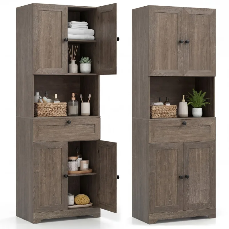 Costway Armario Alto Baño 171,5cm 4 Puertas 1 Cajón Compartimento Abierto 3 Estantes Ajustables Moderno de Madera para Cocina Salón Café