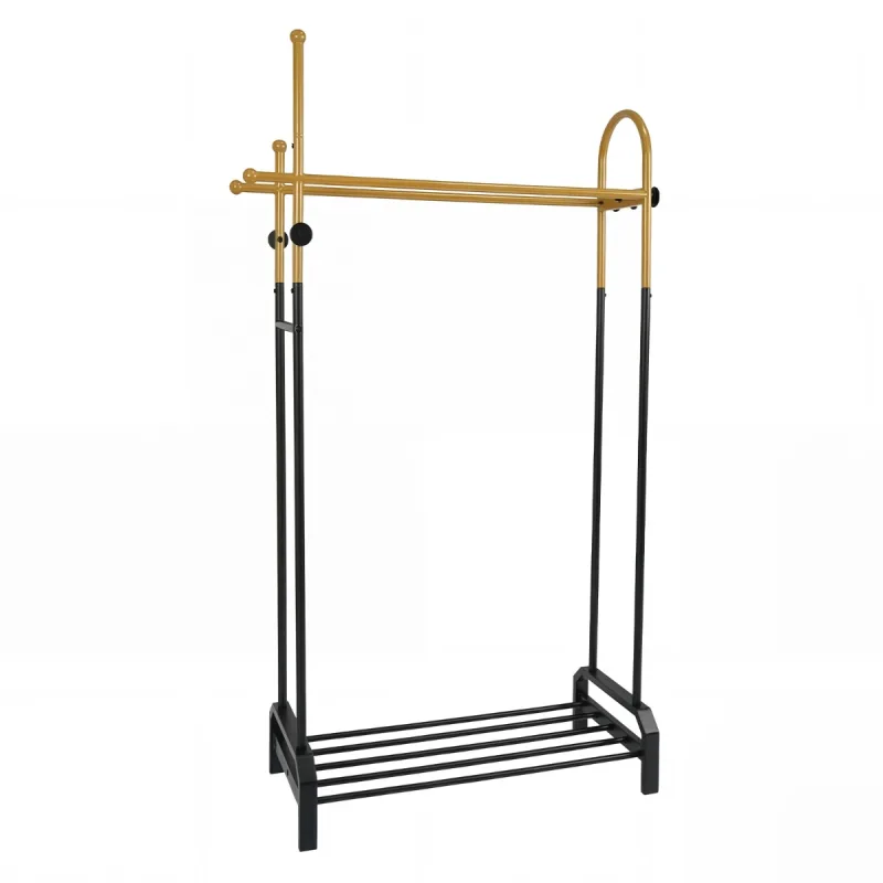 Costway Perchero de Pie Doble Metal 5 Ganchos Estante Inferior Dormitorio Armario 101x40x179 cm Dorado y Negro